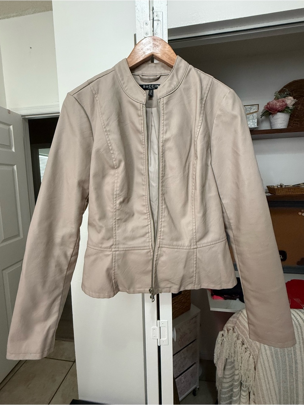 Baccini Beige Collarless Faux Leather Jacket